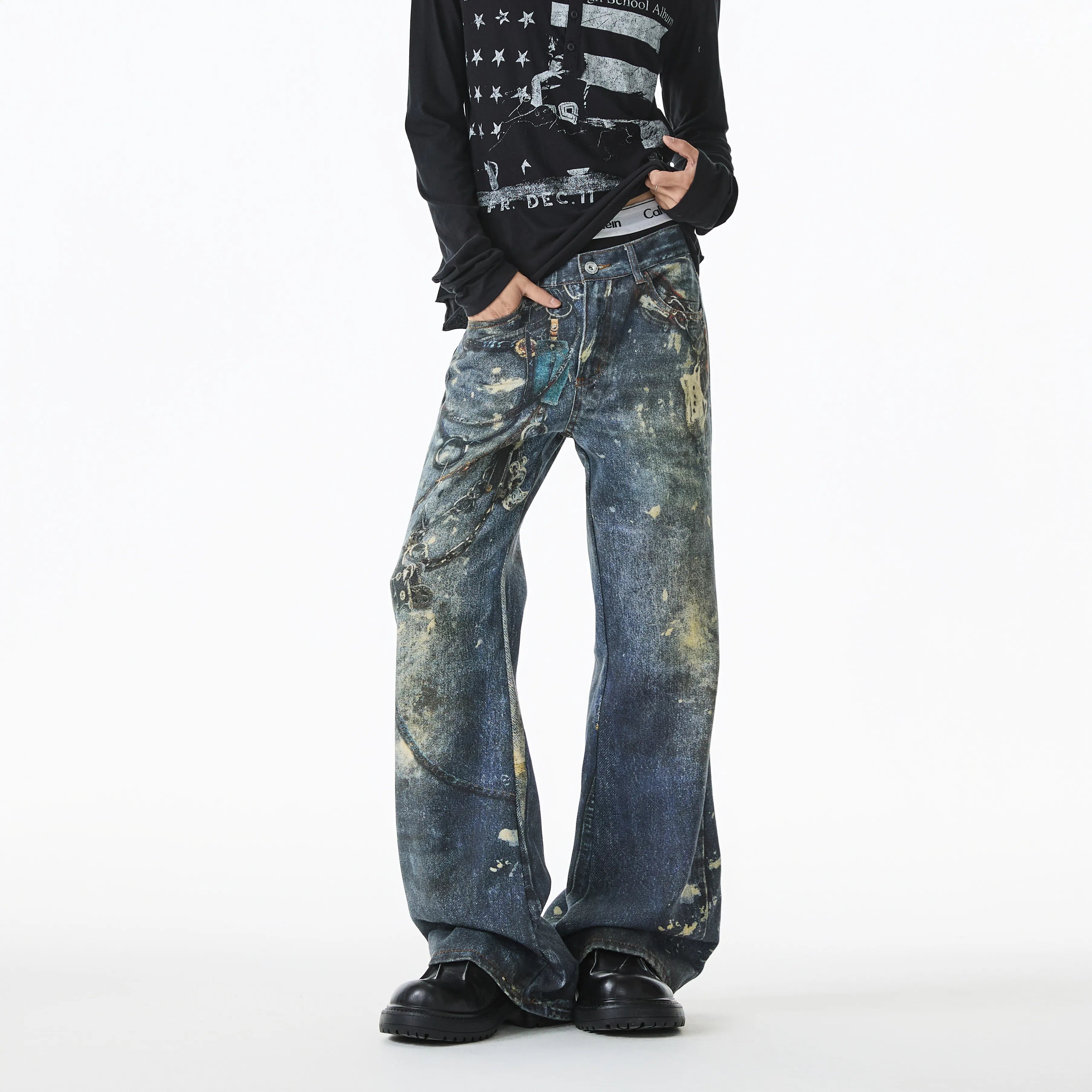 Riolio Jean Men Unique Design Graffiti Street Style Drag Jeans Urban Trendy Fashion Distressed Long Fit Casual Denim Pants Edgy Hip Hop