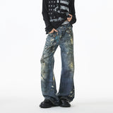 Riolio Jean Men Unique Design Graffiti Street Style Drag Jeans Urban Trendy Fashion Distressed Long Fit Casual Denim Pants Edgy Hip Hop