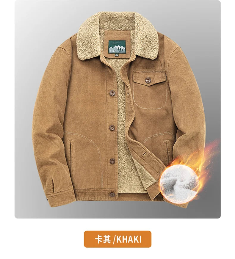 Riolio Winter Mens Jacket Warm Corduroy Jackets and Coats Fur Collar Winter Casual Coats Outwear Male Thermal Cotton Jacket Streetwear