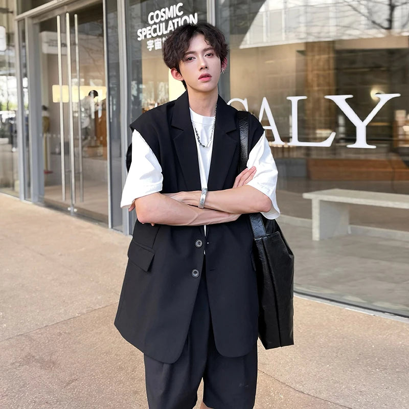 Riolio Mens Summer Sleeveless Jacket Casual Vest Suit Collar Loose Lightweight Outdoor Streetwear Breathable Top Clothing Male Fashion