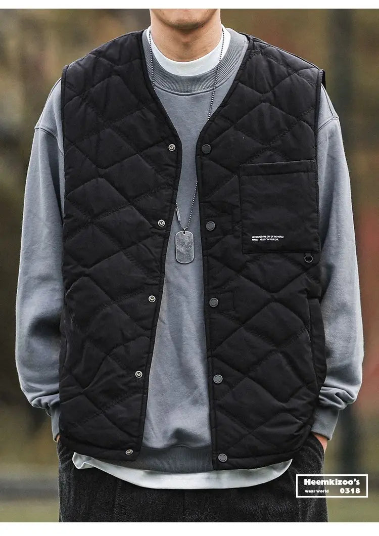 Riolio Cotton-layered Fashionable Vest Men with Autumn Winter Simple Casual Light Heated Inner Vest Cardigan Work Vest Top Aesthetic