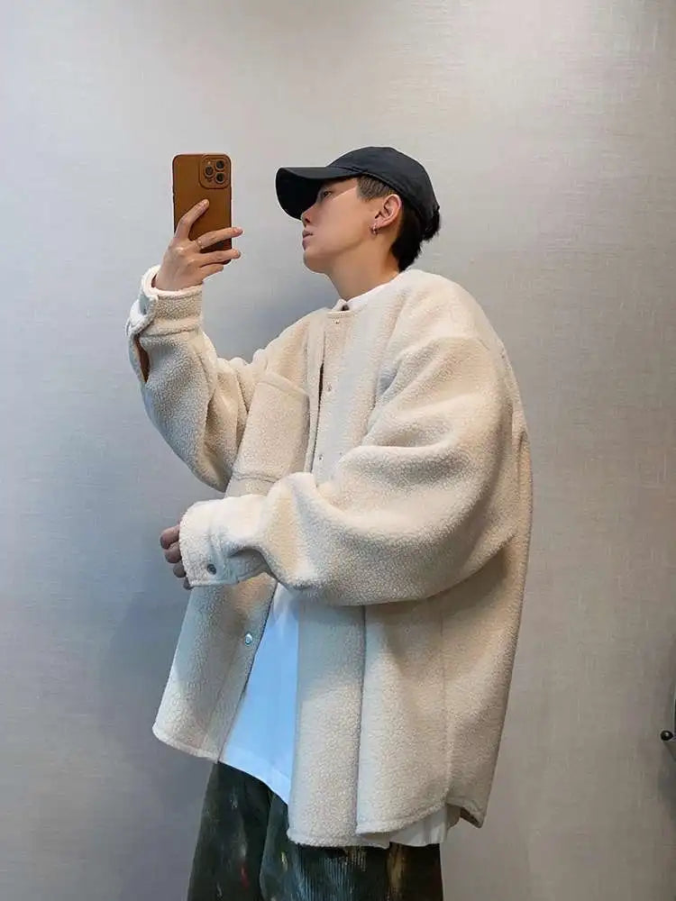 Riolio Hong Kong Style Retro Coat Versatile Solid Color Lamb Fur Plus Velvet Shirt Fashion High-end Autumn Winter Loose Fleece Jacket