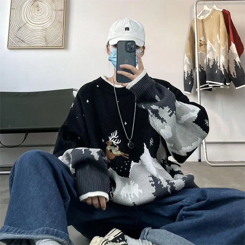 Riolio Christmas Sweater Funny Elk Harajuku Streetwear Men Women Sweaters Couple Autumn Winter Knitwear Pullover Warm Sweatshirt Men