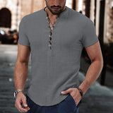 Riolio New Men's Short Sleeve Tshirt V neck button Cotton Linen Shirt Men's Casual Clothes Popular Tops for Men