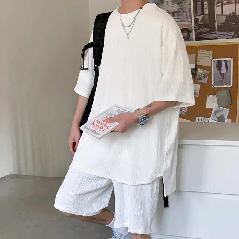 Riolio Summer Set Men Fashion Casual Shorts Short Sleeved T-shirt Sets Men Streetwear Hip-hop Loose Ice Silk Set Mens Pleated Set