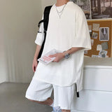 Riolio Summer Set Men Fashion Casual Shorts Short Sleeved T-shirt Sets Men Streetwear Hip-hop Loose Ice Silk Set Mens Pleated Set