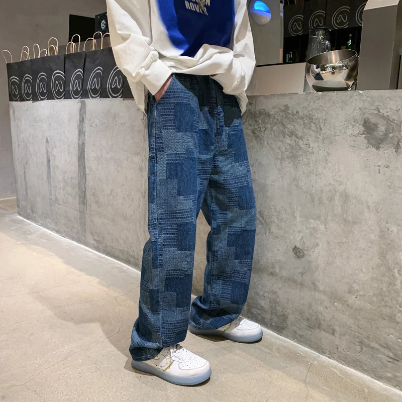 Riolio Blue Black Plaid Jeans Men Retro Casual Wide-leg Jeans Mens Streetwear Loose Hip-hop Straight Denim Trousers Men Vintage Jeans