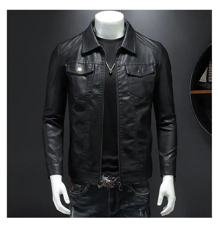 Riolio Men's lapel leather jacket autumn oversized slim motorcycle riding suit winter thickened PU leather waterproof work clothes