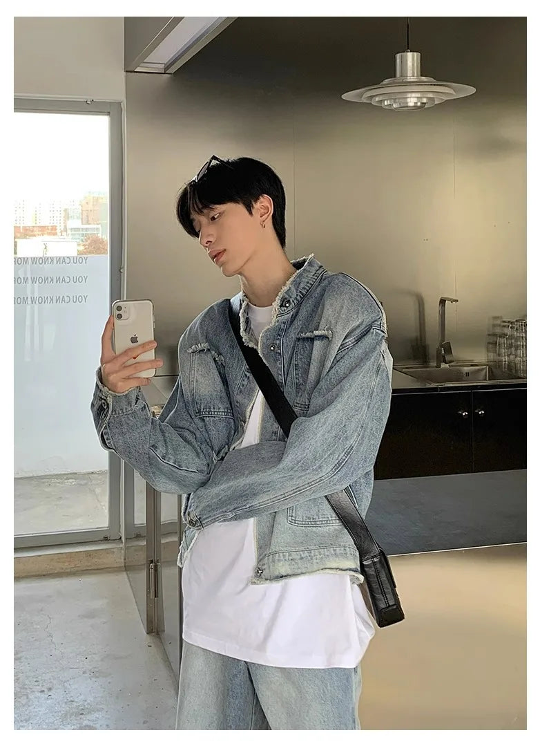 Riolio Autumn Denim Set Men Denim Jacket +Wide Leg Straight Jeans Casual Loose Solid Color Korean Style Street Stand Collar 2pcs Suit