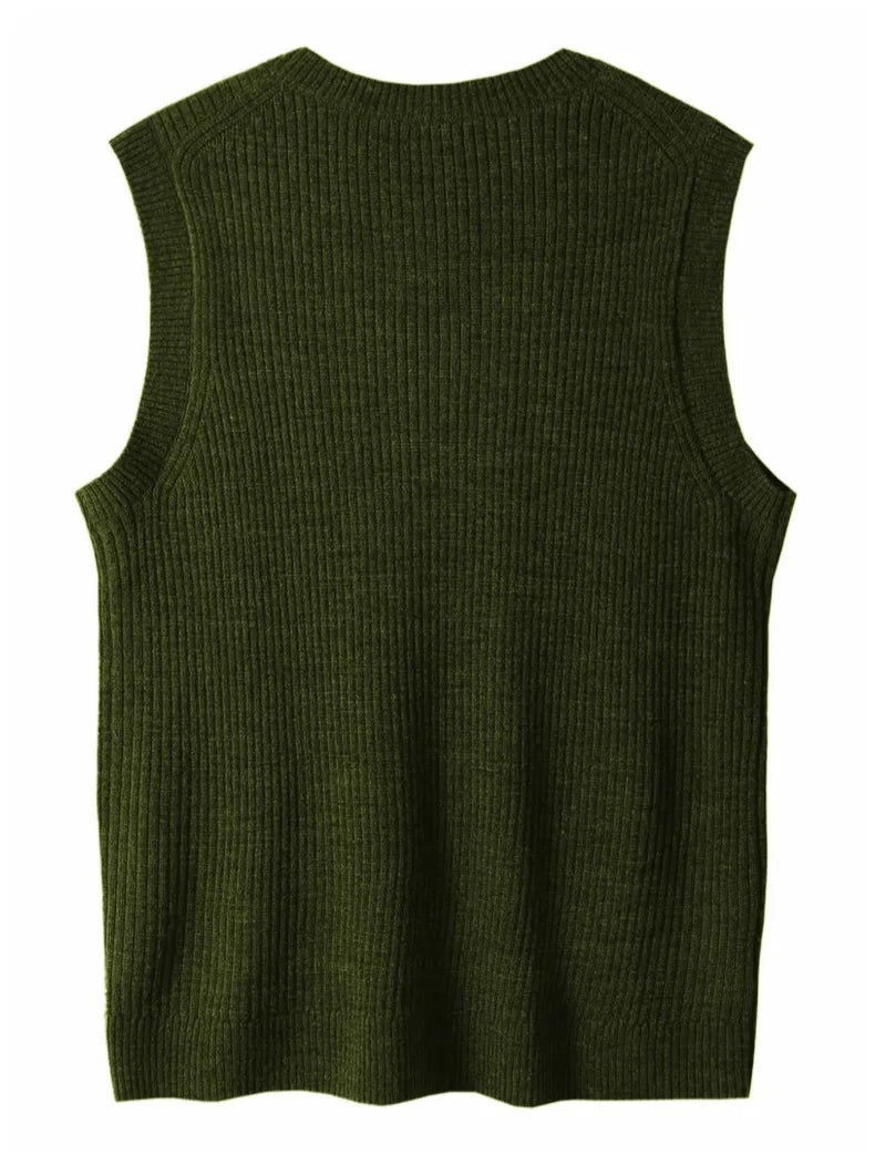 Riolio New Popular Preppy Style Men Sweater Vest Casual Knitted Streetwear Solid Color V Neck Waistcoat Leisure High Quality Knitwear