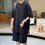 Riolio Summer Set Men Fashion Casual Shorts Short Sleeved T-shirt Sets Men Streetwear Hip-hop Loose Ice Silk Set Mens Pleated Set