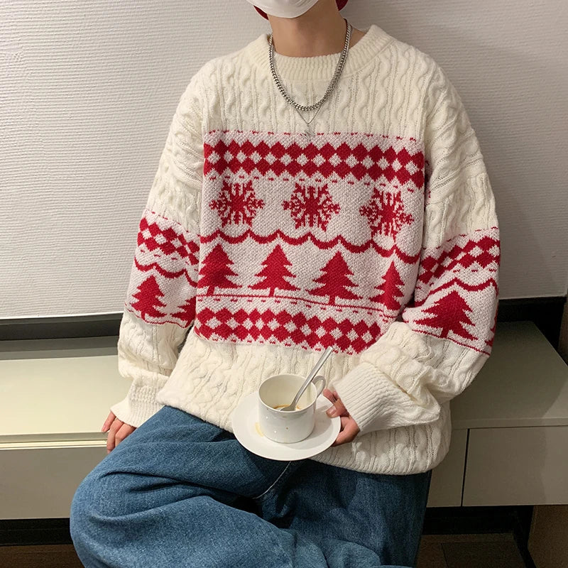 Riolio Christmas Knitted Sweater for Men Sweaters Korean Clothes Men's Products Round Collar Autumn Knit Winter Male New