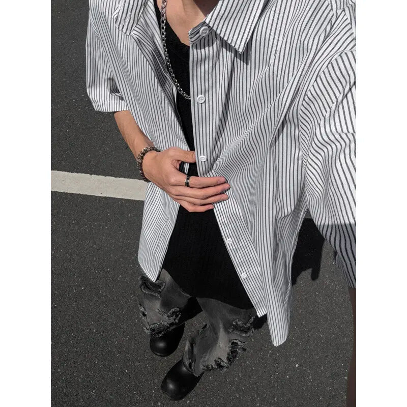 Riolio Summer Short Sleeved Shirt Men Black Blue Casual Shirt Men Streetwear Korean Loose Striped Shirt Mens Formal Dress Shirts