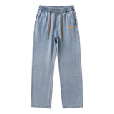 Riolio Men Dark Blue Blue Stretch Elastic Waist Denim Pants Streetwear Loose Full Length Trousers Straight Wide Leg Drawstring Jeans