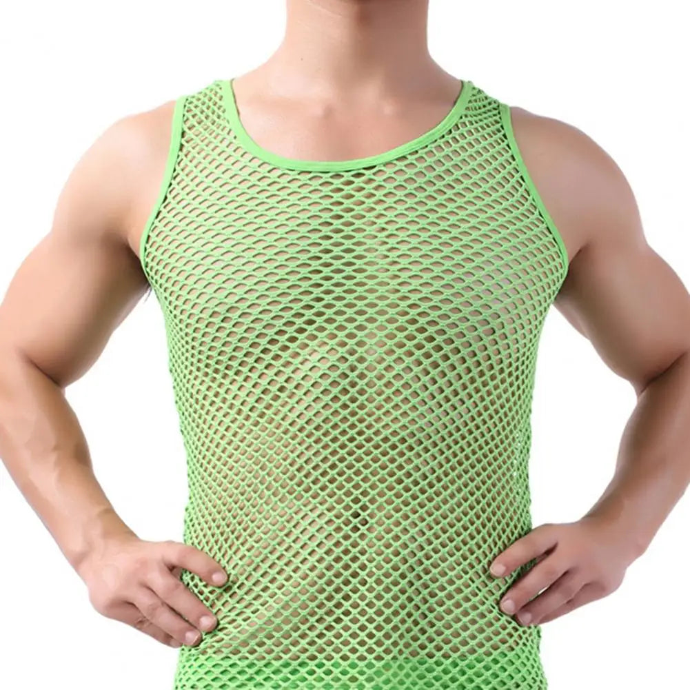 Riolio Men Sexy Mesh Tank Tops Transparent Sleep Tops Male Underwear Pure Color Vest Sleeveless Tops Underwear Male Undershirt