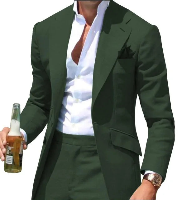 Riolio suit fashion Costumes Pour Hommes Peak Collar Men Suits Notched Green Slim Fit Blazers Jackets Pants 2PCS Causal Business Wedding Groom Wear