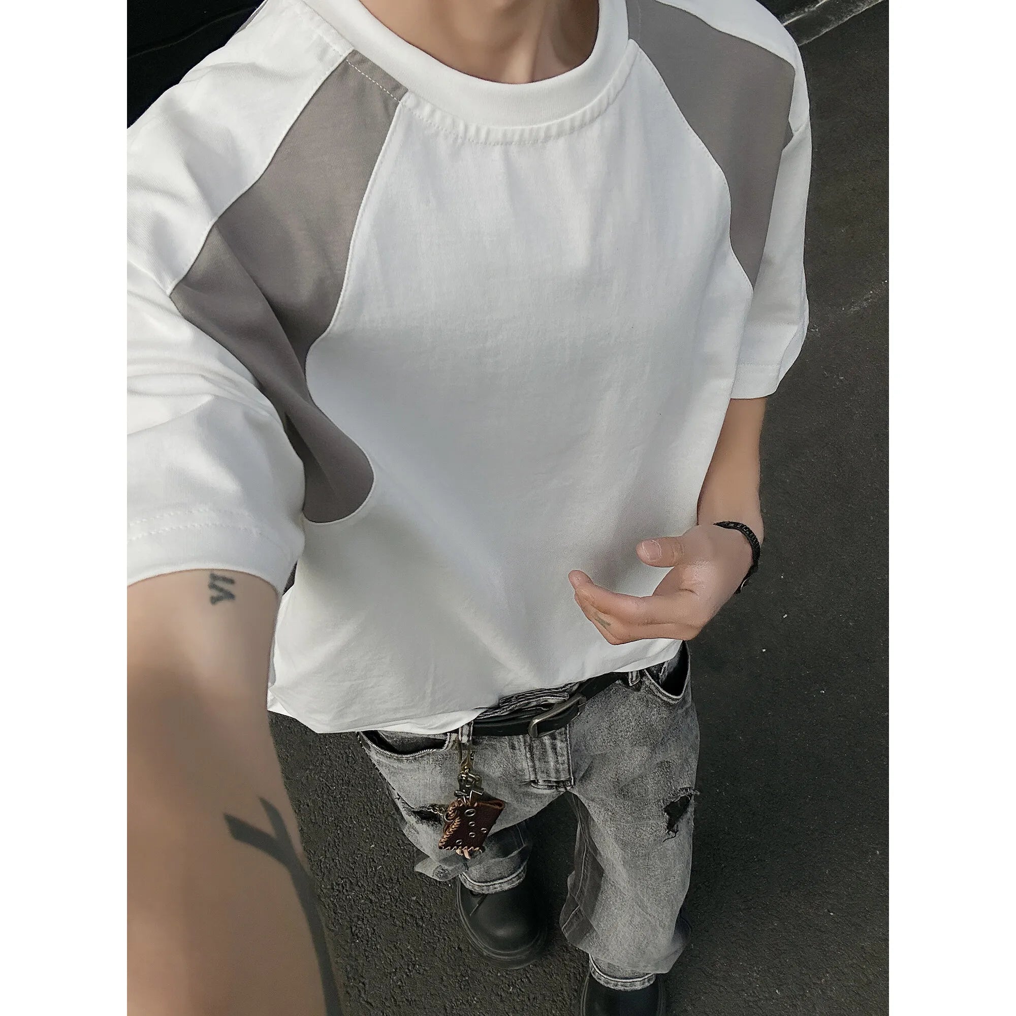 Riolio Mens Breathable Cotton Tshirt man Soft Summer Casual Slim Fit Contrast Panel Simpl Design Streetwear Fashion Tee Line Texture