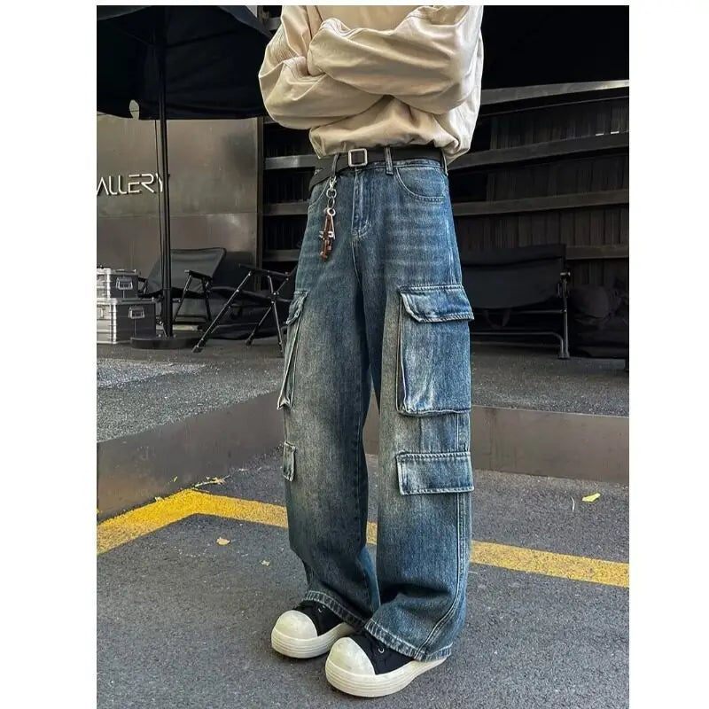 Riolio Cargo jeans men New High Street Gothic Punk Dark Trousers  Harajuku Retro Baggy Jeans Men Street Fashion Straight Leg Pants