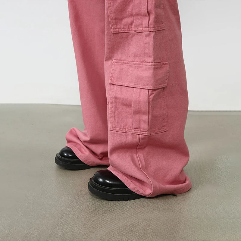 Riolio Pink Cargo Jeans Pants Men Oversize Wide Leg Denim Trousers Male Loose Casual Japanese Streetwear Hip Hop Pocket