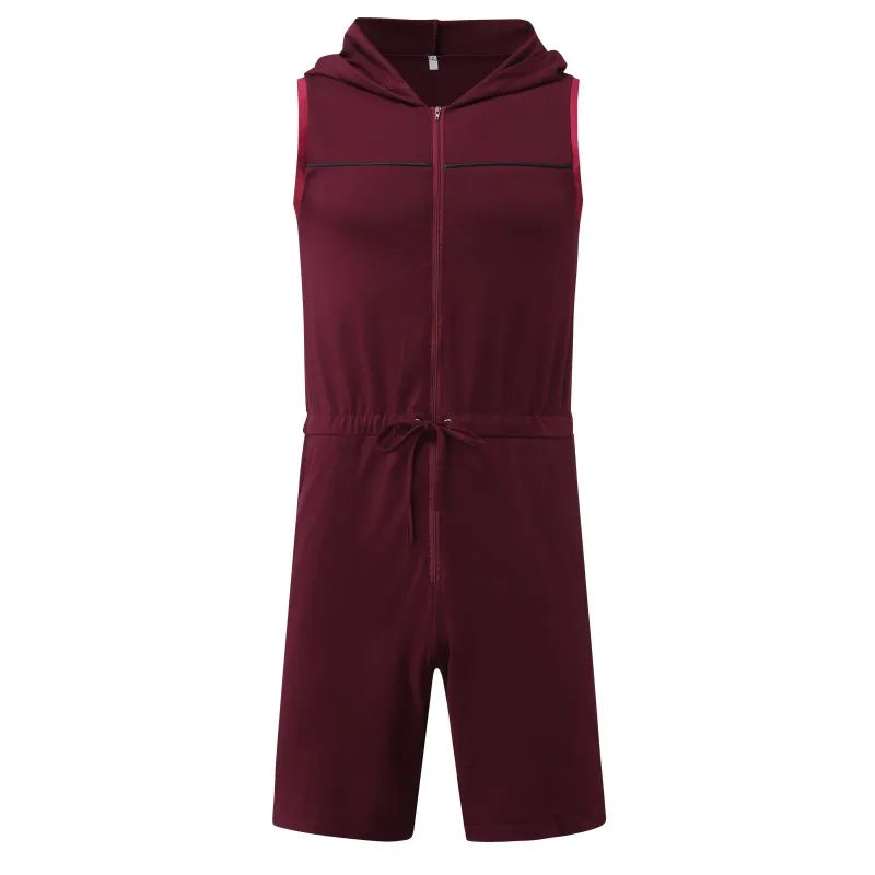 Riolio Men Short Jumpsuit Tight Sleeveless Bodysuit Zipper Hooded Rompers Short Pants Casual Home Wear Tracksuit Pajamas