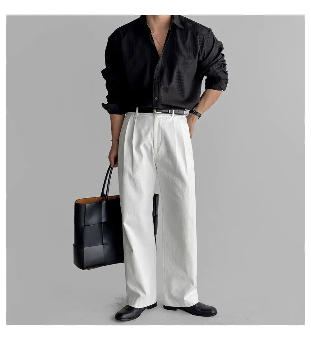 Riolio Lapel Pit Stripe Texture Long Sleeve Shirt Men's Casual Business Shirt High-end Drapery Light Versatile Top Male Blouse