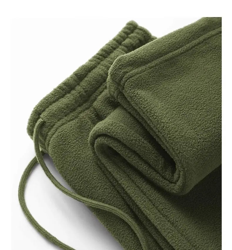 Riolio Double-sided Fleece! Retro Military Green Straight-leg Pants Women Loose Thickened Warm Drawstring Casual Wide-leg Pants Men
