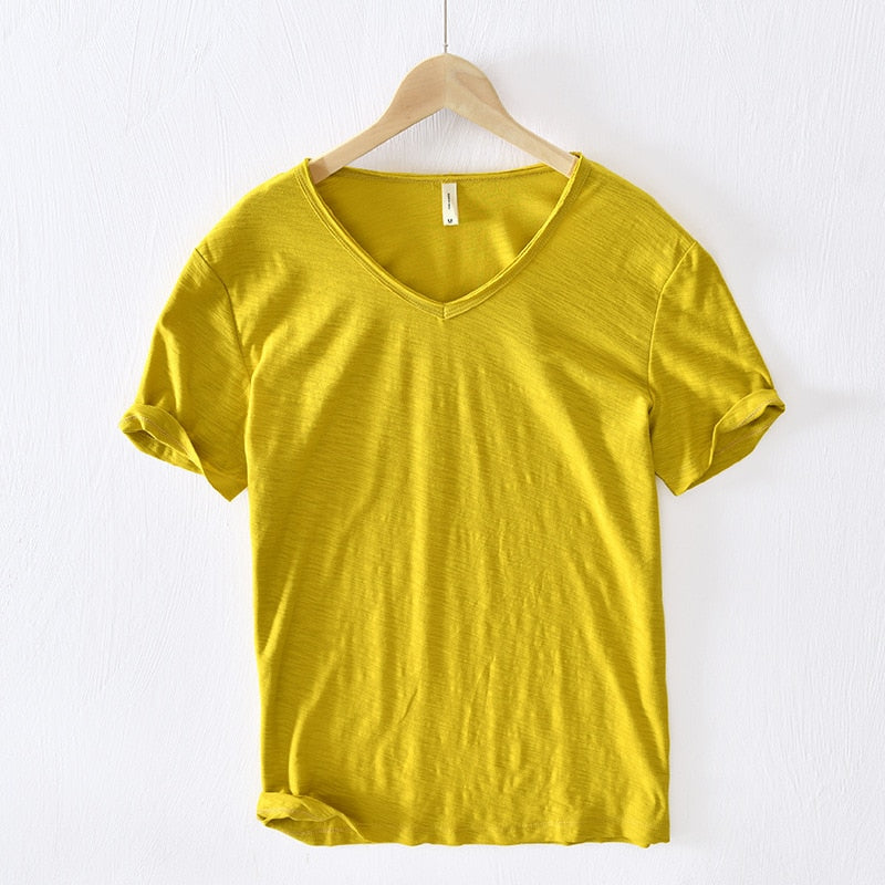 Summer T Shirt Men Linen Cotton Short Sleeve Tshirt V-neck Tops&Tee Breathable Comfortable Slim T-shirt Men Dropshopping