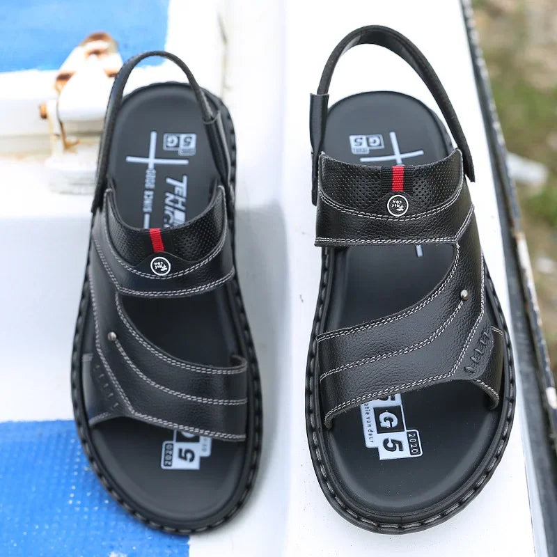 Riolio Men's Summer New Sandals and Slippers Men's Leather Sandals Adult Thick-soled Beach Shoes Non-slip Open-toe Leather Sandals