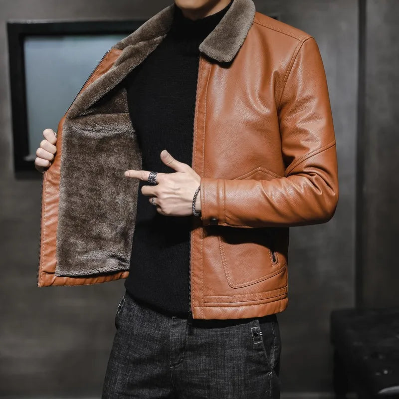 Riolio Casual Punk Rock Thick Leather Coats Slim Windproof Blazer Stand Collar Outwear Men's Pu Leather Jacket Zipper Motorcycle Jacket