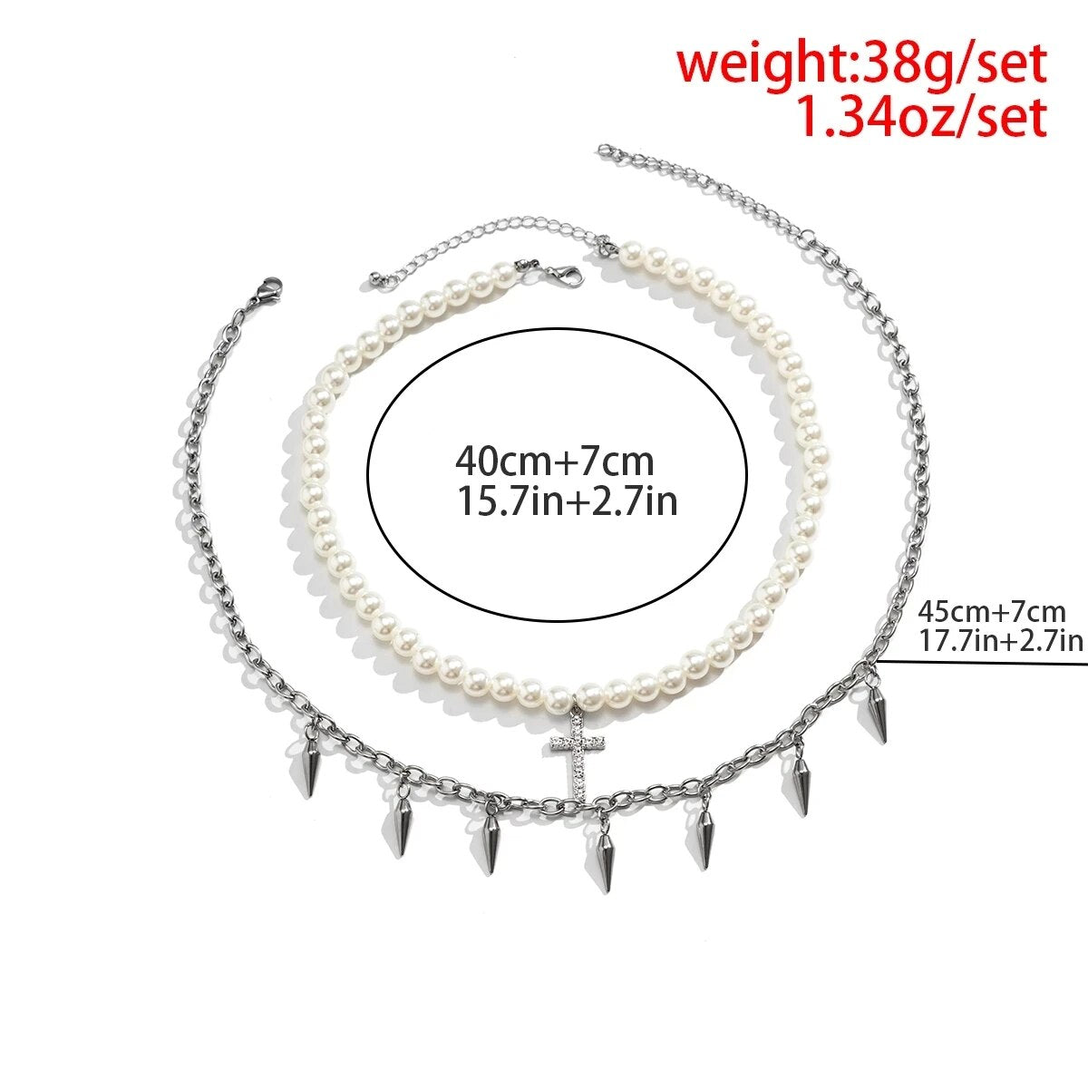 Riolio Punk Pearl Beads Chain Spikes/Cross Pendant Necklace Men Hiphop Layered Stainless Steel Choker Necklace Set Fashion Jewelry
