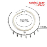 Riolio Punk Pearl Beads Chain Spikes/Cross Pendant Necklace Men Hiphop Layered Stainless Steel Choker Necklace Set Fashion Jewelry