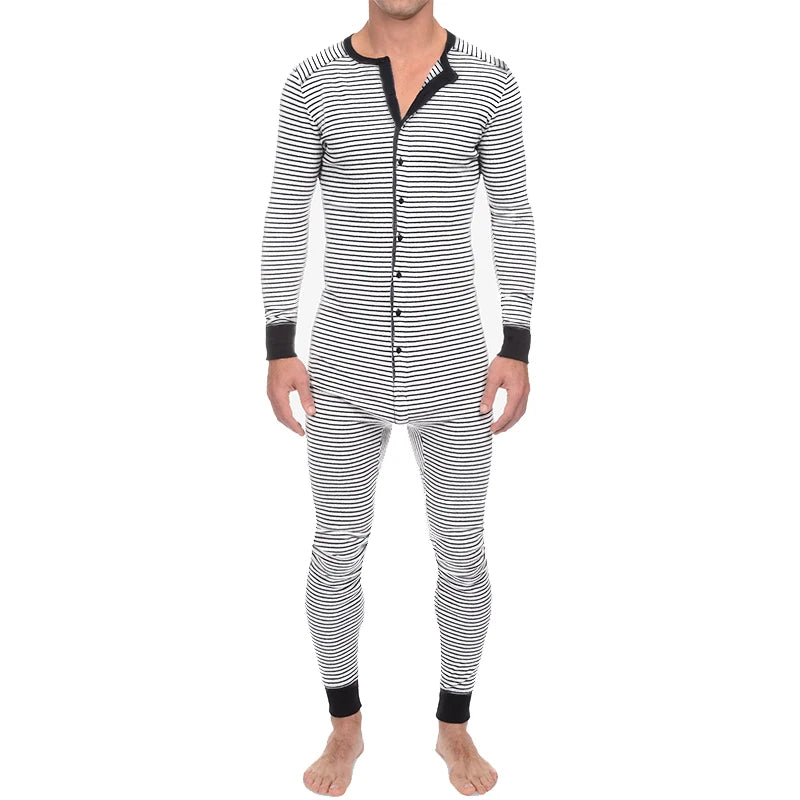 Riolio Men's Striped Pajamas O-Neck Long Sleeve Romper Home Wear Cozy Leisure Sleepwear S-3XL