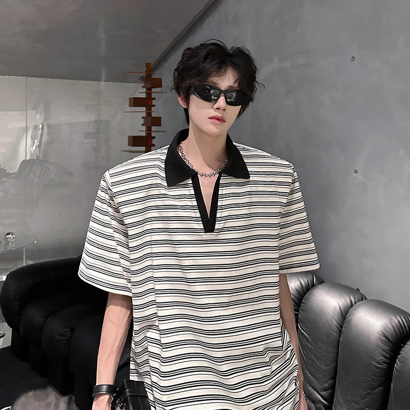 Riolio Men Loose Fit Striped Polo Shirt Casual Fashion Collar T-Shirt man Breathable Streetwear Summer Top Tee Trendy Mens Clothing