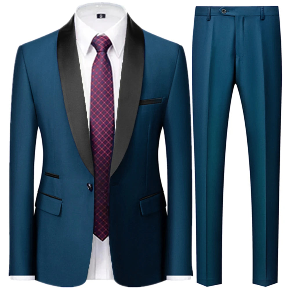 Riolio 3 Pieces Set Men's Business Blazers Coat / Male Slim Fit Color Matching Collar Suit Tuxedo Leisure Jacket Pants Vest Wedding