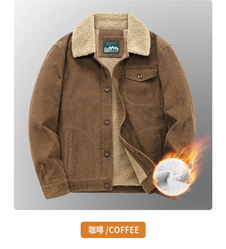 Riolio Winter Mens Jacket Warm Corduroy Jackets and Coats Fur Collar Winter Casual Coats Outwear Male Thermal Cotton Jacket Streetwear