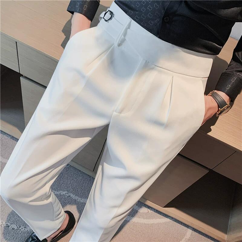 Riolio British Style Men High Waist Casual Dress Pant Men Belt Design Slim Trousers Formal Office Social Wedding Party Dress Suit Pants