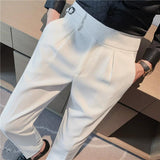 Riolio British Style Men High Waist Casual Dress Pant Men Belt Design Slim Trousers Formal Office Social Wedding Party Dress Suit Pants