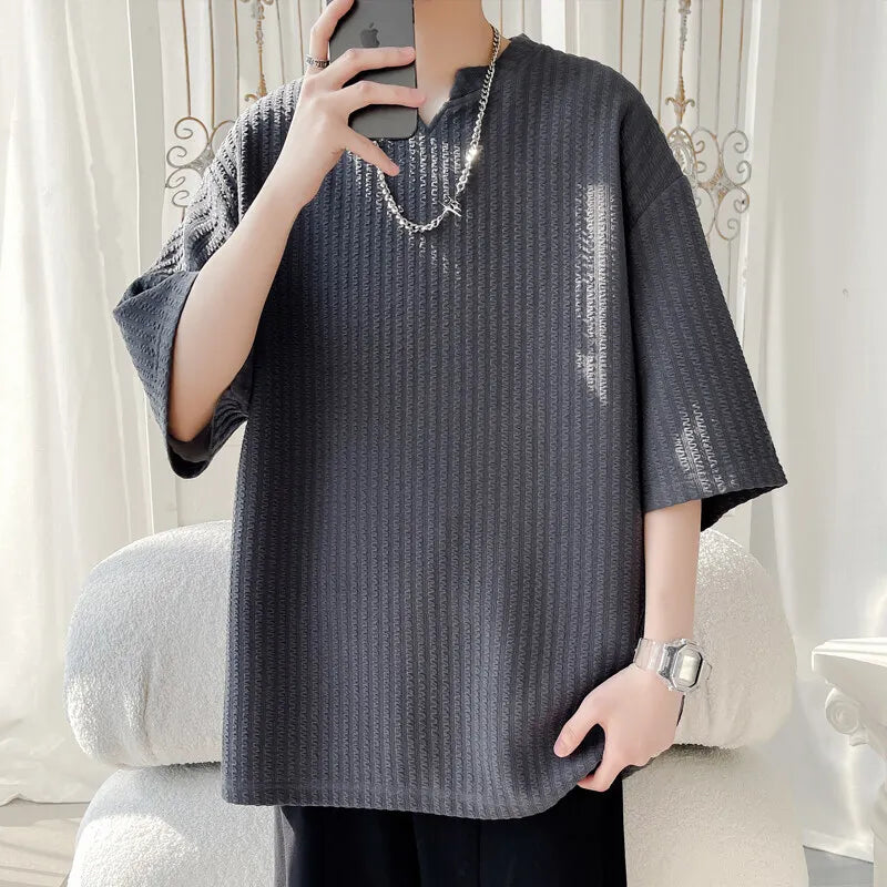 Riolio Summer Short Sleeved T-shirt Men Casual Pleated T Shirt Men Streetwear Hip-hop Loose Striped T Shirt Mens Top Plus Size 5XL
