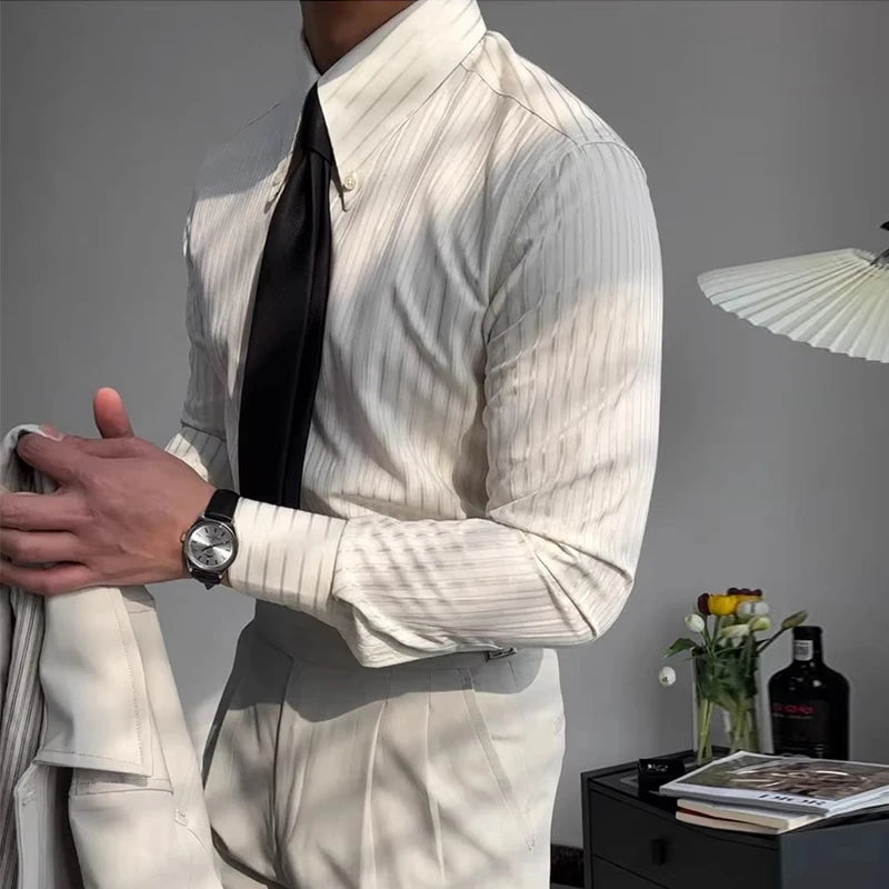 Riolio New Italy Business Men Shirts Light Luxury Textured Peaked Lapel Striped Long Sleeve Cardigan Leisure High Quality Blouse M-2XL