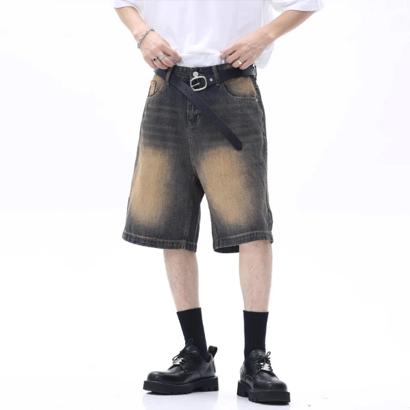 Riolio Men Designer Brand Casual Shorts Male Baggy Streetwear Knee Lenght Denim Short Pants Summer Fashion Daily Wide Leg Short Jeans