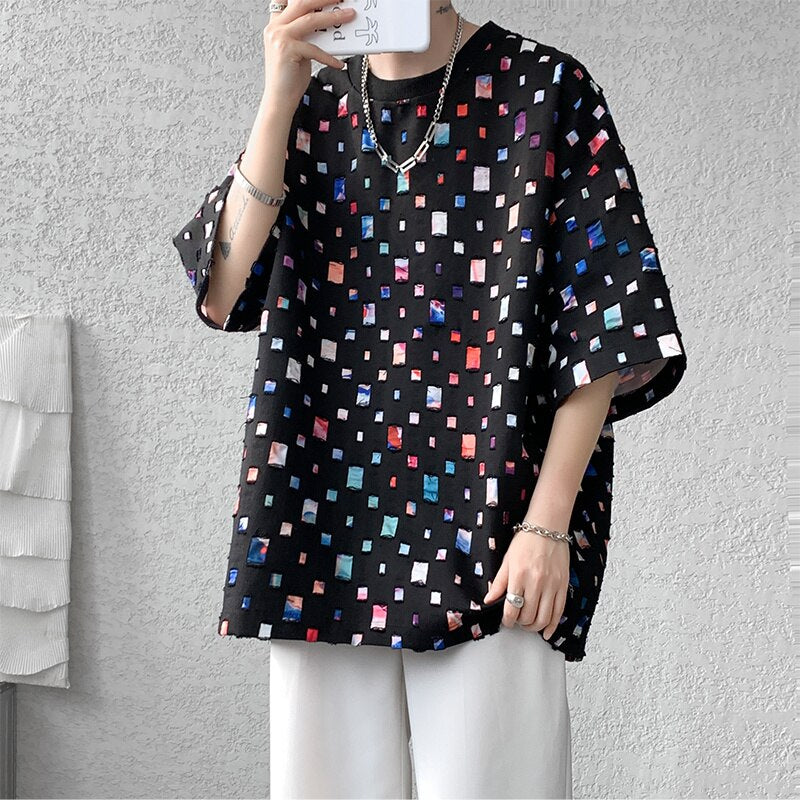 Summer Short Sleeved T-shirt Men Fashion Oversized Plaid T Shirt Men Streetwear Hip Hop Loose Hollow Out Tshirt Mens Large Size
