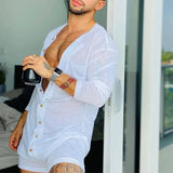 Riolio Sexy Pajamas Jumpsuit Men Solid Color Tight O Neck Long Sleeve T Shirt and Shorts New One-piece Buttons Home Clothes