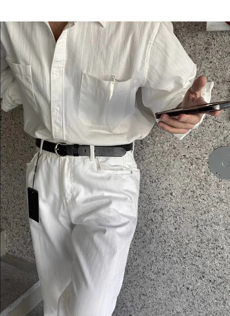 Riolio New Men Luxury Korean Style Shirts Casual Long Sleeve Drapped Solid Color Button-down Cardigan Fashion Business Leisure Blouse