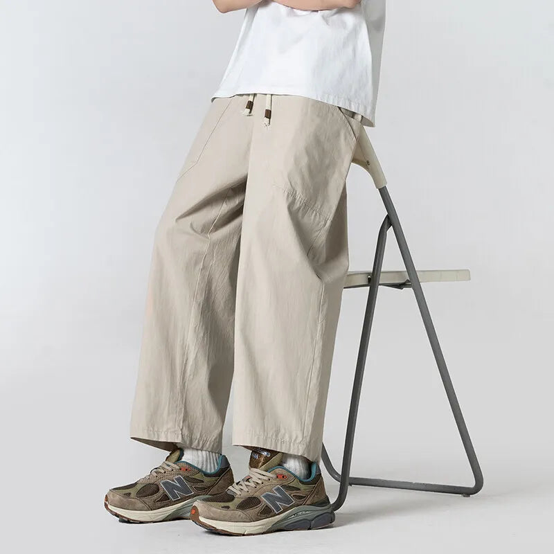 Riolio Summer Cotton Casual Pants Men Oversized Wide Leg Pants Men Japanese Streetwear Hip-hop Loose Straight Pants Men Thin Trousers