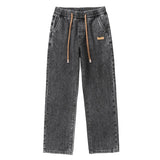 Riolio Men Dark Blue Blue Stretch Elastic Waist Denim Pants Streetwear Loose Full Length Trousers Straight Wide Leg Drawstring Jeans