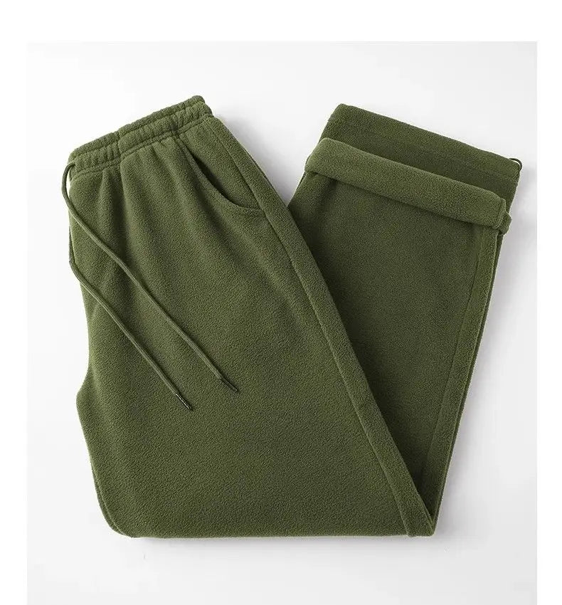 Riolio Double-sided Fleece! Retro Military Green Straight-leg Pants Women Loose Thickened Warm Drawstring Casual Wide-leg Pants Men