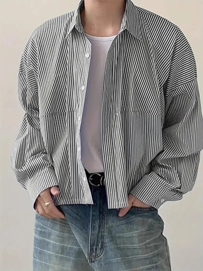 Riolio  New Japanese Trendy Men Shirts Light Luxury Textured Lapel Striped Long Sleeve Cardigan Tops Leisure Premium Loose Blouse M-2XL