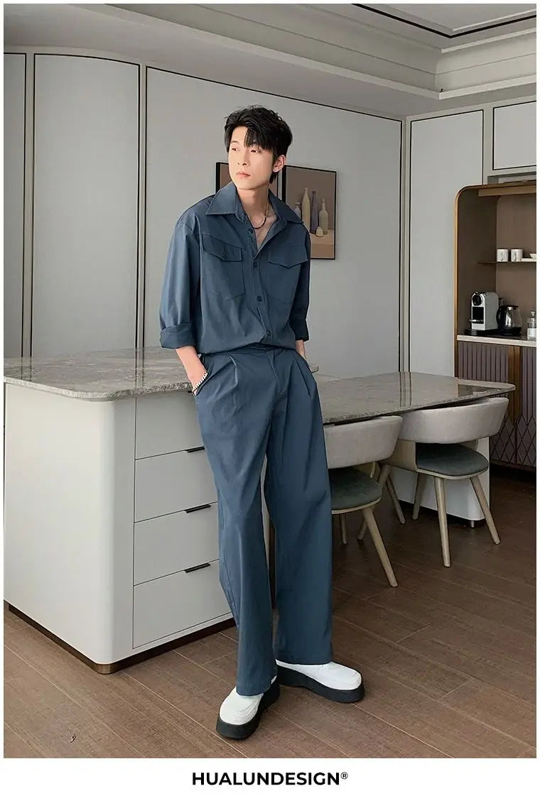 Riolio Men's Shirt Pants Set High-end Shirt Suit Trendy Spring Handsome Long-sleeved Top Loose Straight Trousers Two-piece Set