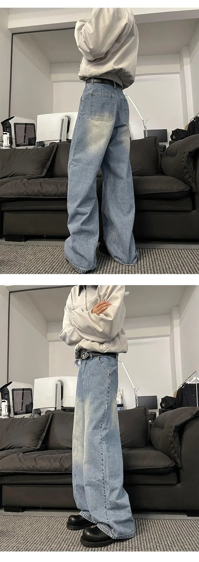 Riolio Jeans Men Loose Wide Leg Trousers Unisex low-rise jean Men's Denim Pants Old Blue Washed Male Jeans Straight Patchwork mop pants