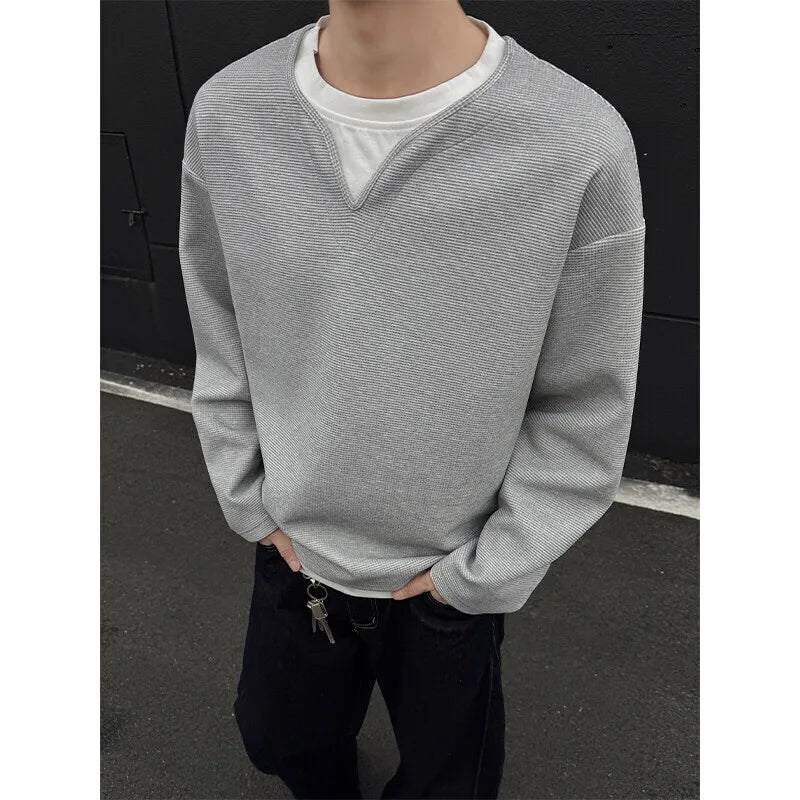 Riolio Spring Long Sleeved T-shirt Men Fashion Gray Black Checkered T Shirt Men Streetwear Korean Loose Round Neck T Shirt Mens Top